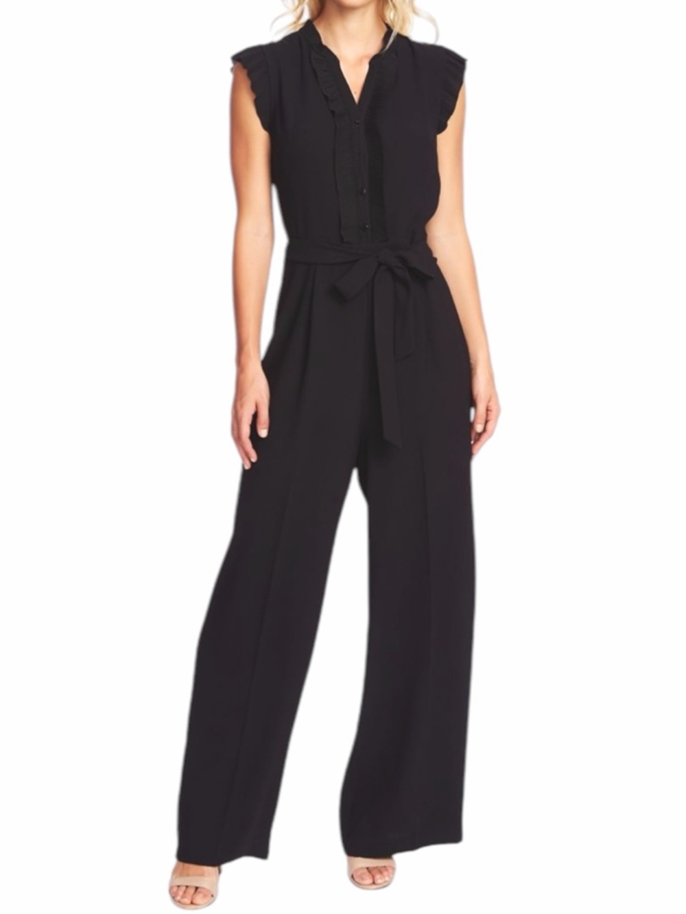 NEW CeCe Plissé Flutter Detail Tie-Waist Wide-Leg Jumpsuit Black Women’s Size 6